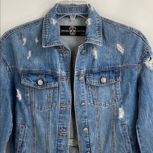 Hipchik Couture Skull Crystal Distressed Blue Denim Jacket Cotton Casual Size M - Picture 3 of 12